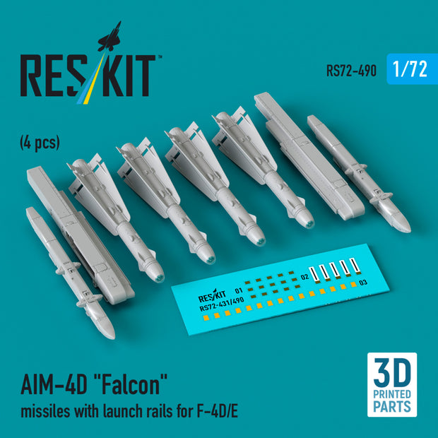 AIM-4D Falcon Missiles with launch rails for F-4D/E (4 pcs) (3D Printed) Scale 1:72 ResKit RS72-0490 for Aircraft Model Kit
