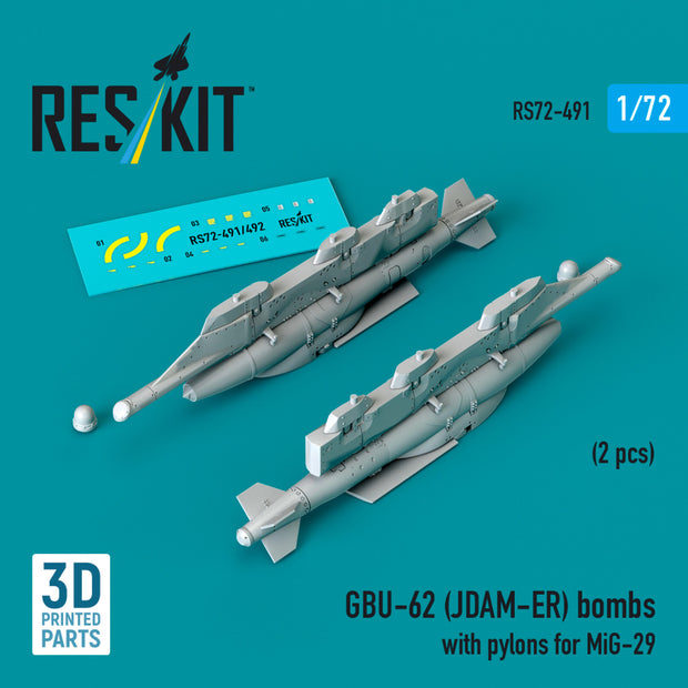 GBU-62 (JDAM-ER) Bombs with Pylons for MiG-29 Fulcrum (2 pcs) (3D Printed) Scale 1:72 ResKit RS72-0491 for Aircraft Model Kit