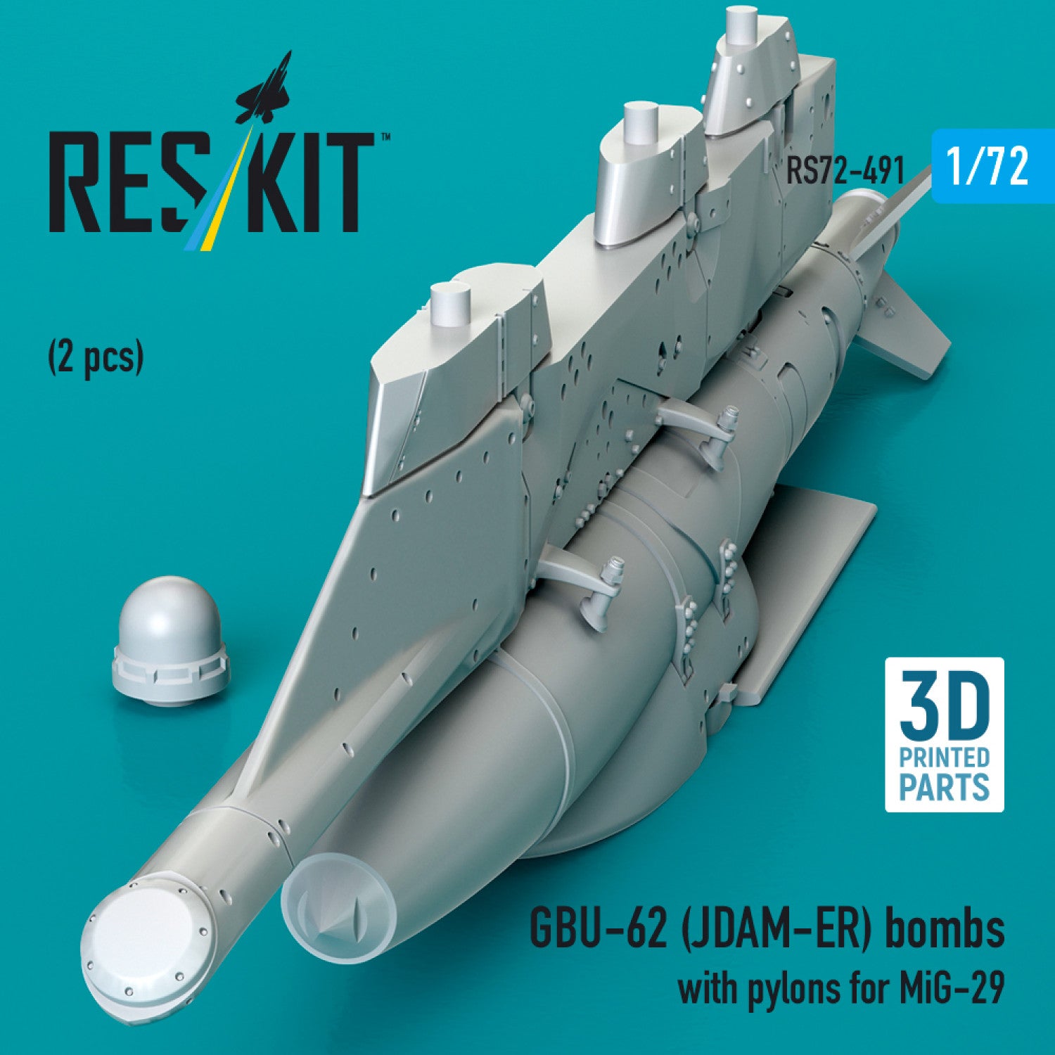 GBU-62 (JDAM-ER) Bombs with Pylons for MiG-29 Fulcrum (2 pcs) (3D Printed) Scale 1:72 ResKit RS72-0491 for Aircraft Model Kit
