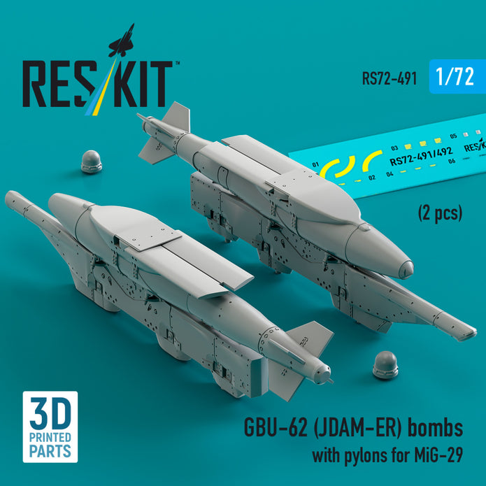 GBU-62 (JDAM-ER) Bombs with Pylons for MiG-29 Fulcrum (2 pcs) (3D Printed) Scale 1:72 ResKit RS72-0491 for Aircraft Model Kit