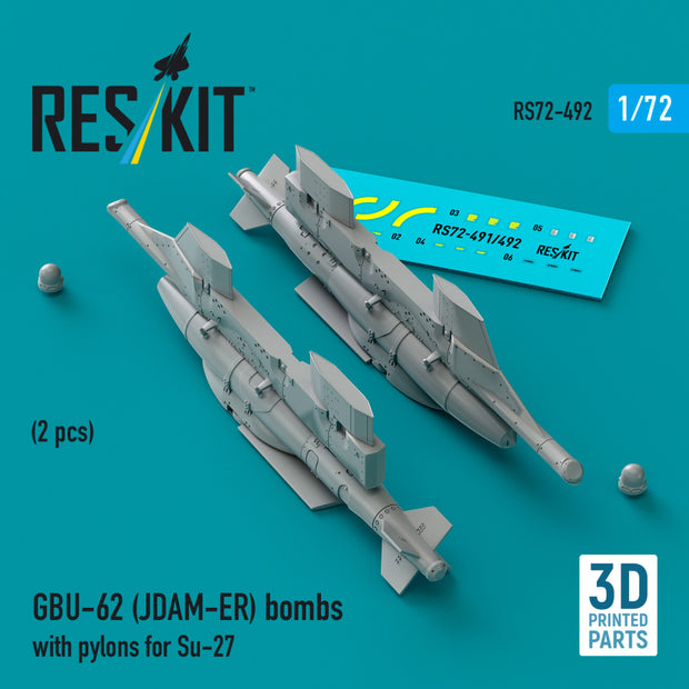 GBU-62 (JDAM-ER) Bombs with Pylons for Sukhoi Su-27 Flanker (2 pcs) (3D Printed) Scale 1:72 ResKit RS72-0492 for Aircraft Model Kit