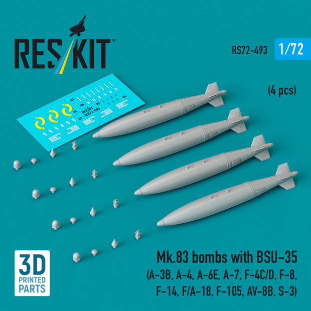 Mk.83 Bombs with BSU-35 (4 pcs) (A-3B, A-4, A-6E, A-7, F-4C/D, F-8, F-14, F/A-18, F-105, AV-8B, S-3) (3D printed) Scale 1:72 ResKit RS72-0493 for Aircraft Model Kit