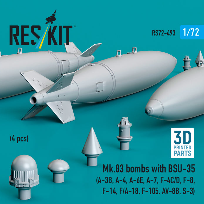 Mk.83 Bombs with BSU-35 (4 pcs) (A-3B, A-4, A-6E, A-7, F-4C/D, F-8, F-14, F/A-18, F-105, AV-8B, S-3) (3D printed) Scale 1:72 ResKit RS72-0493 for Aircraft Model Kit