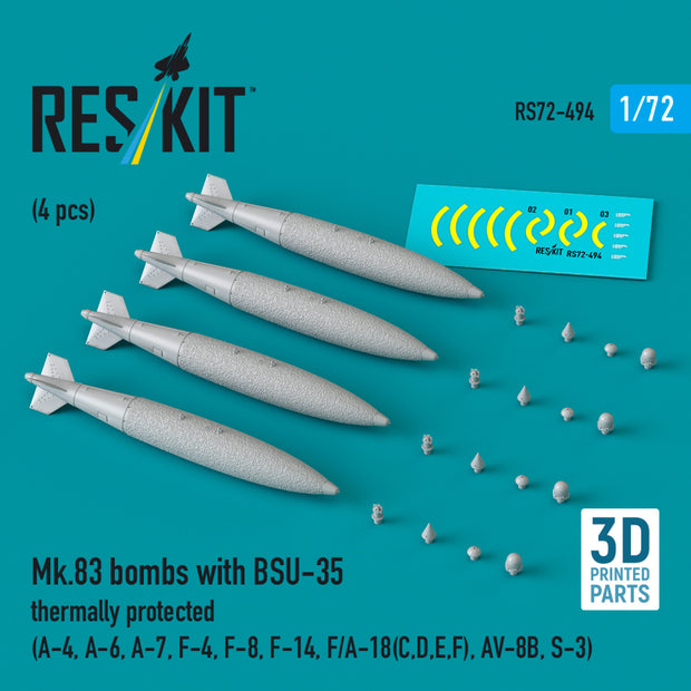 Mk.83 Bombs with BSU-35 Thermally Protected (4 pcs) (A-4, A-6, A-7, F-4, F-8, F-14, F/A-18(C,D,E,F), AV-8B, S-3) (3D printed) Scale 1:72 ResKit RS72-0494 for Aircraft Model Kit