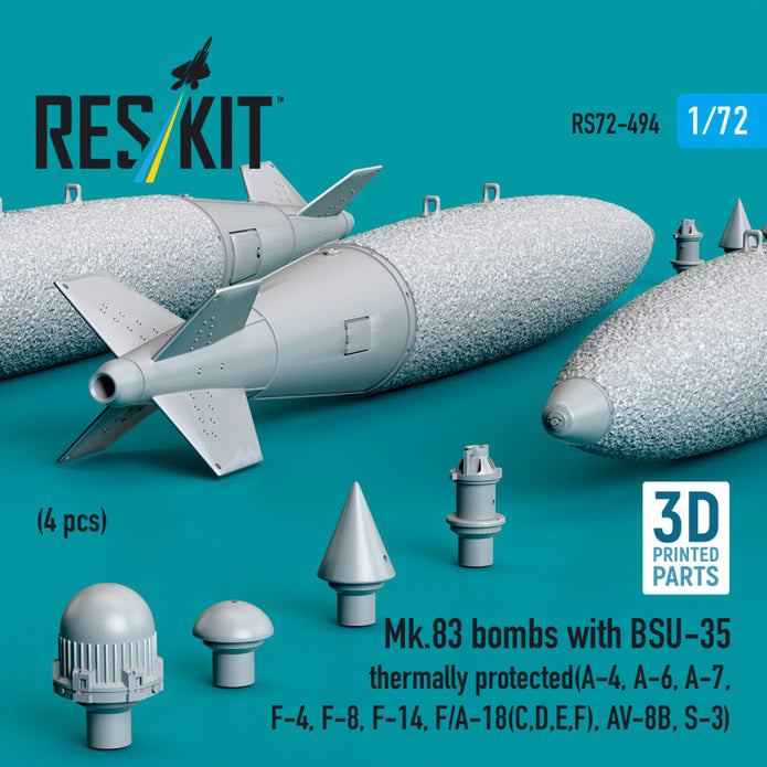 Mk.83 Bombs with BSU-35 Thermally Protected (4 pcs) (A-4, A-6, A-7, F-4, F-8, F-14, F/A-18(C,D,E,F), AV-8B, S-3) (3D printed) Scale 1:72 ResKit RS72-0494 for Aircraft Model Kit