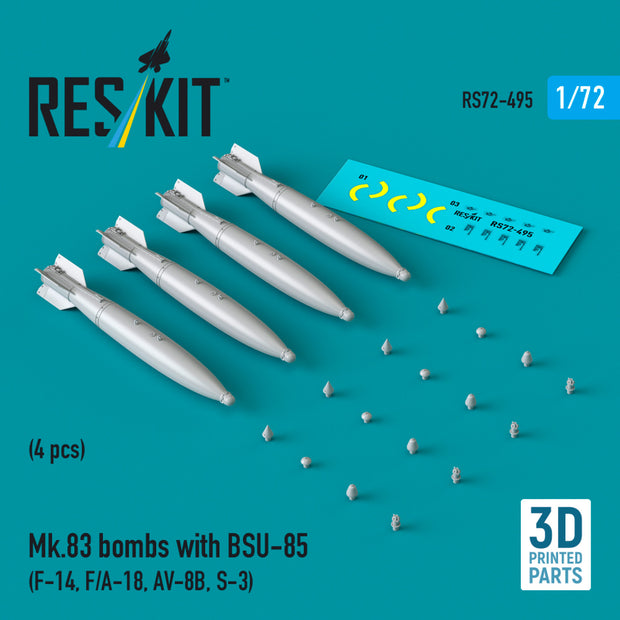 Mk.83 Bombs with BSU-85 (4 pcs) (F-14, F/A-18, AV-8B, S-3) (3D printed) Scale 1:72 ResKit RS72-0495 for Aircraft Model Kit
