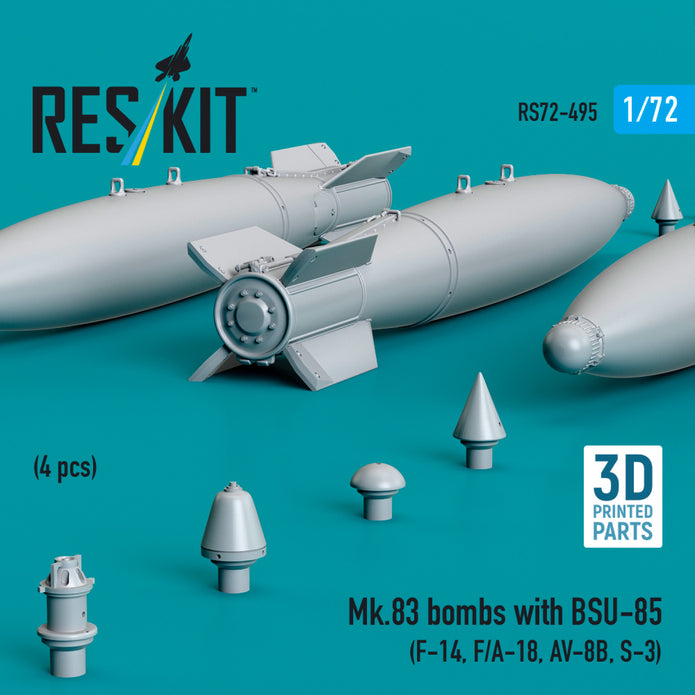 Mk.83 Bombs with BSU-85 (4 pcs) (F-14, F/A-18, AV-8B, S-3) (3D printed) Scale 1:72 ResKit RS72-0495 for Aircraft Model Kit