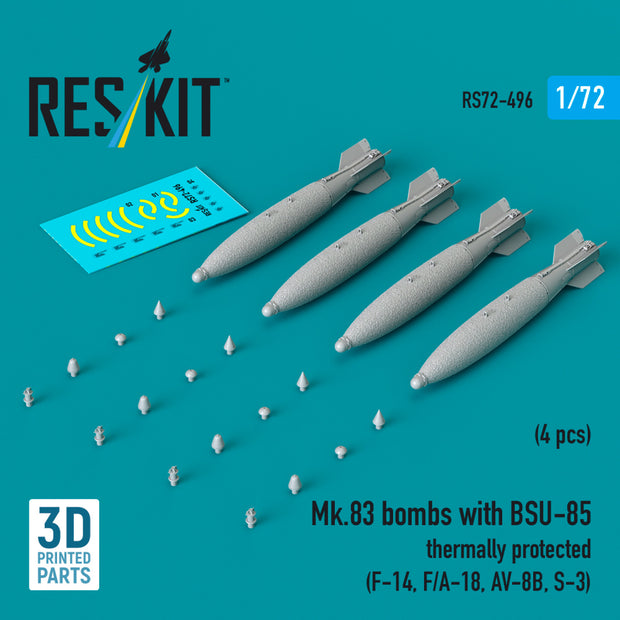 Mk.83 Bombs with BSU-85 Thermally Protected (4 pcs) (F-14, F/A-18, AV-8B, S-3) (3D printed) Scale 1:72 ResKit RS72-0496 for Aircraft Model Kit
