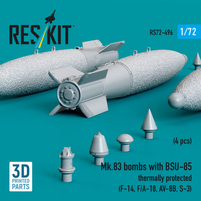 Mk.83 Bombs with BSU-85 Thermally Protected (4 pcs) (F-14, F/A-18, AV-8B, S-3) (3D printed) Scale 1:72 ResKit RS72-0496 for Aircraft Model Kit