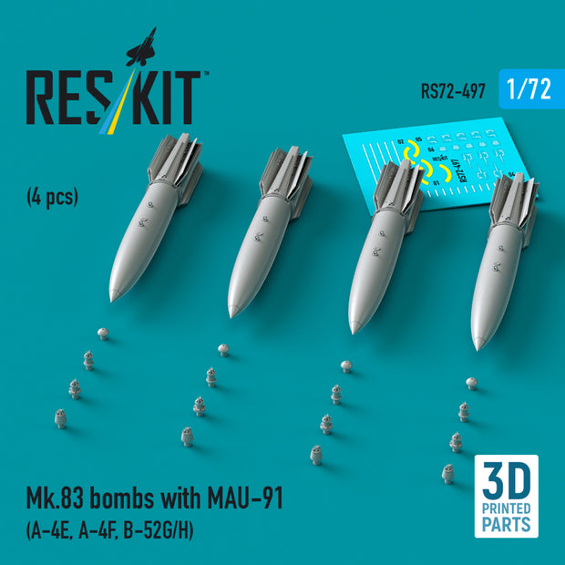 Mk.83 Bombs with MAU-91 (4 pcs) (A-4E, A-4F, B-52G/H) (3D printed) Scale 1:72 ResKit RS72-0497 for Aircraft Model Kit