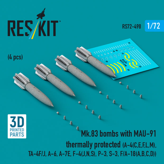 Mk.83 Bombs with MAU-91 Thermally Protected (4 pcs) (A-4E, A-4F, B-52G/H) (3D printed) Scale 1:72 ResKit RS72-0498 for Aircraft Model Kit