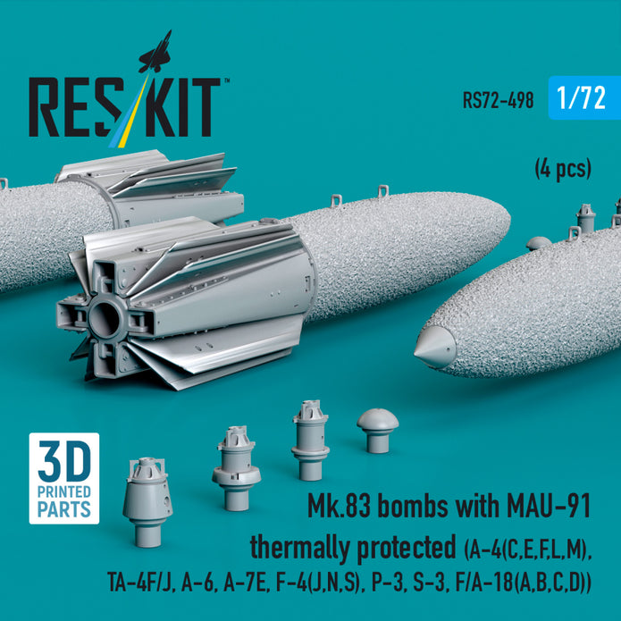 Mk.83 Bombs with MAU-91 Thermally Protected (4 pcs) (A-4E, A-4F, B-52G/H) (3D printed) Scale 1:72 ResKit RS72-0498 for Aircraft Model Kit