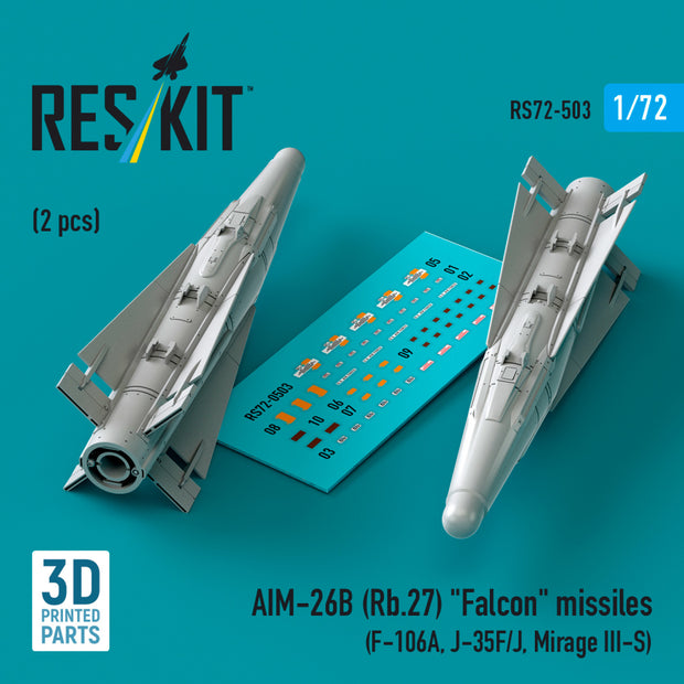 AIM-26B (Rb,27) Falcon Missiles (2 pcs) (F-106A, J-35F/J, Mirage III-S) (3D Printed) Scale 1:72 ResKit RS72-0503 for Aircraft Model Kit