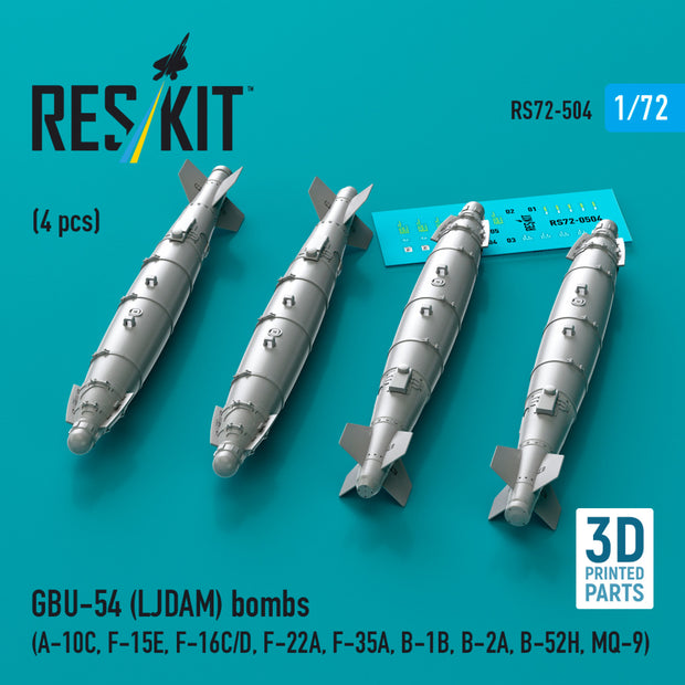 GBU-54 (LJDAM) Bombs (4 pcs) (A-10C, F-15E, F-16C/D, F-22A, F-35A, B-1B, B-2A, B-52H, MQ-9) (3D Printed) Scale 1:72 ResKit RS72-0504 for Aircraft Model Kit