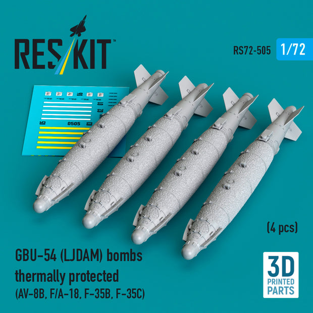 GBU-54 (LJDAM) Bombs Thermally Protected (4 pcs) (AV-8B, F/A-18A-F, F-35B, F-35C) (3D Printed) Scale 1:72 ResKit RS72-0505 for Aircraft Model Kit