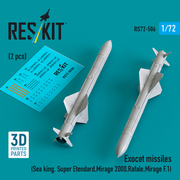 Exocet Missiles (2 pcs) (Sea King, Super Etendard, Mirage 2000, Rafale, Mirage F.1) (3D Printed) Scale 1:72 ResKit RS72-0506 for Helicopters / Aircraft Model Kit