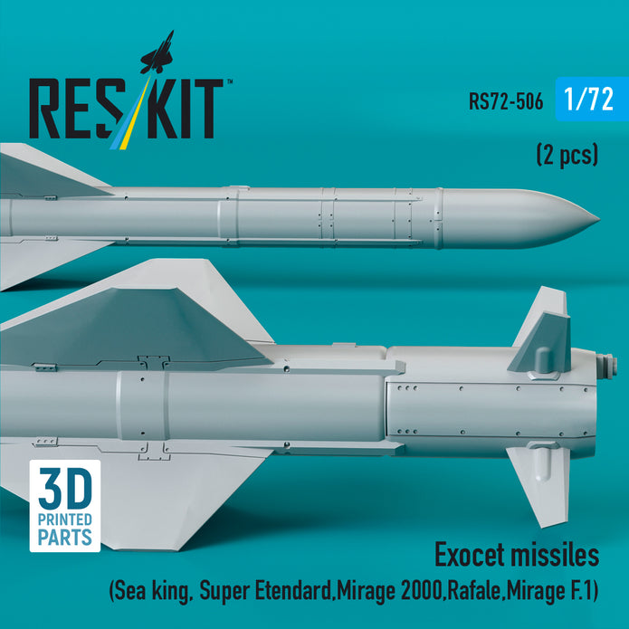 Exocet Missiles (2 pcs) (Sea King, Super Etendard, Mirage 2000, Rafale, Mirage F.1) (3D Printed) Scale 1:72 ResKit RS72-0506 for Helicopters / Aircraft Model Kit