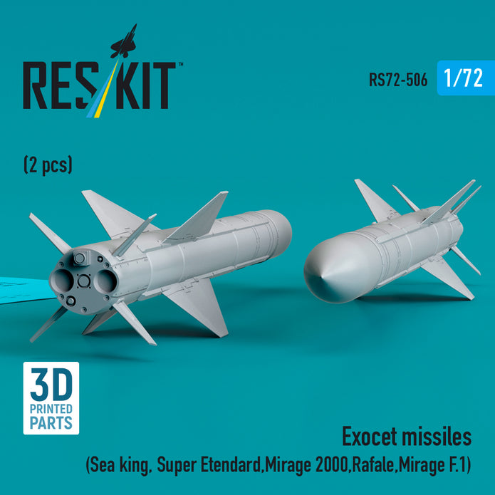 Exocet Missiles (2 pcs) (Sea King, Super Etendard, Mirage 2000, Rafale, Mirage F.1) (3D Printed) Scale 1:72 ResKit RS72-0506 for Helicopters / Aircraft Model Kit
