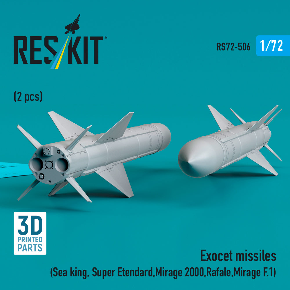 Exocet Missiles (2 pcs) (Sea King, Super Etendard, Mirage 2000, Rafale, Mirage F.1) (3D Printed) Scale 1:72 ResKit RS72-0506 for Helicopters / Aircraft Model Kit