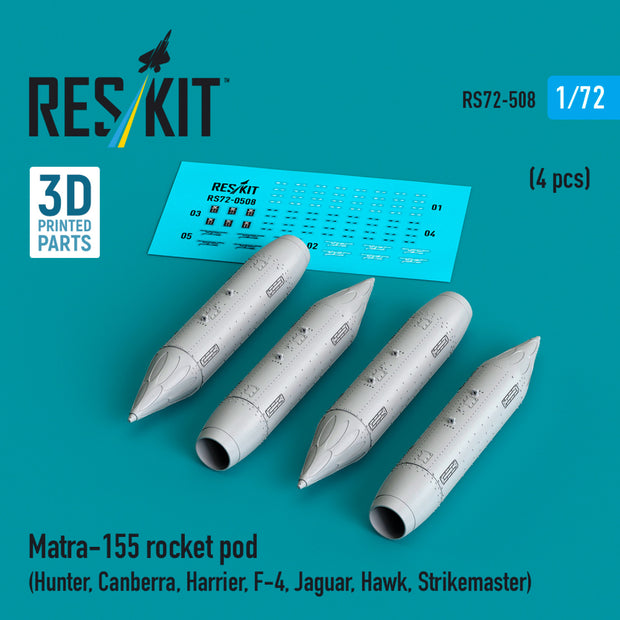 Matra-155 Rocket pod (4 pcs) (Hunter, Canberra, Harrier, F-4, Jaguar, Hawk, Strikemaster) (3D Printed) Scale 1:72 ResKit RS72-0508 for Aircraft Model Kit