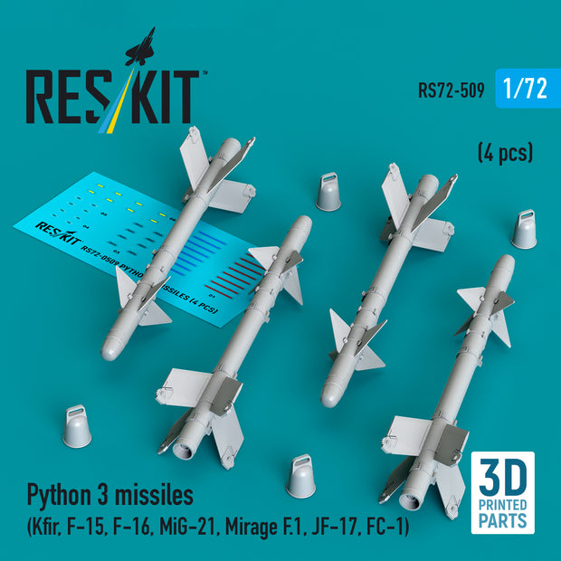 Python 3 missiles (4 pcs) (Kfir, F-15, F-16, MiG-21, Mirage F.1, JF-17, FC-1) (3D Printed) Scale 1:72 ResKit RS72-0509