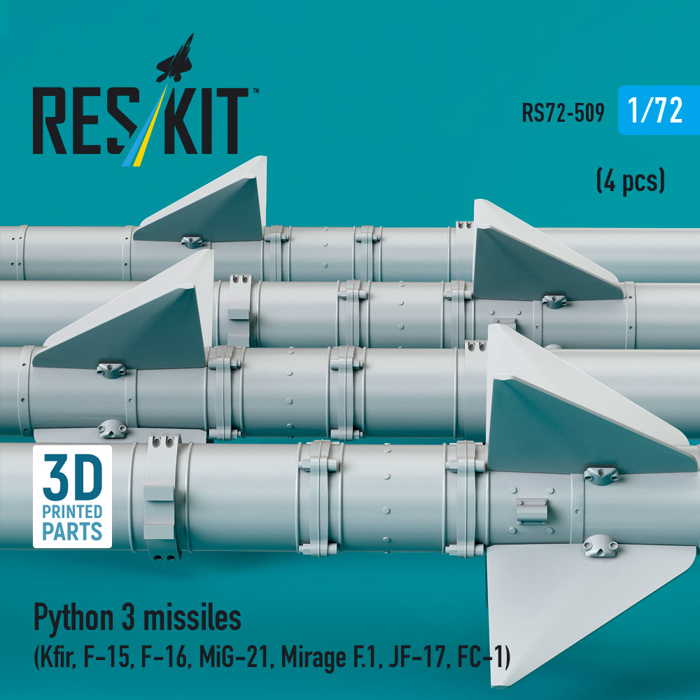 Python 3 missiles (4 pcs) (Kfir, F-15, F-16, MiG-21, Mirage F.1, JF-17, FC-1) (3D Printed) Scale 1:72 ResKit RS72-0509