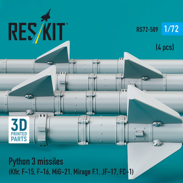 Python 3 missiles (4 pcs) (Kfir, F-15, F-16, MiG-21, Mirage F.1, JF-17, FC-1) (3D Printed) Scale 1:72 ResKit RS72-0509