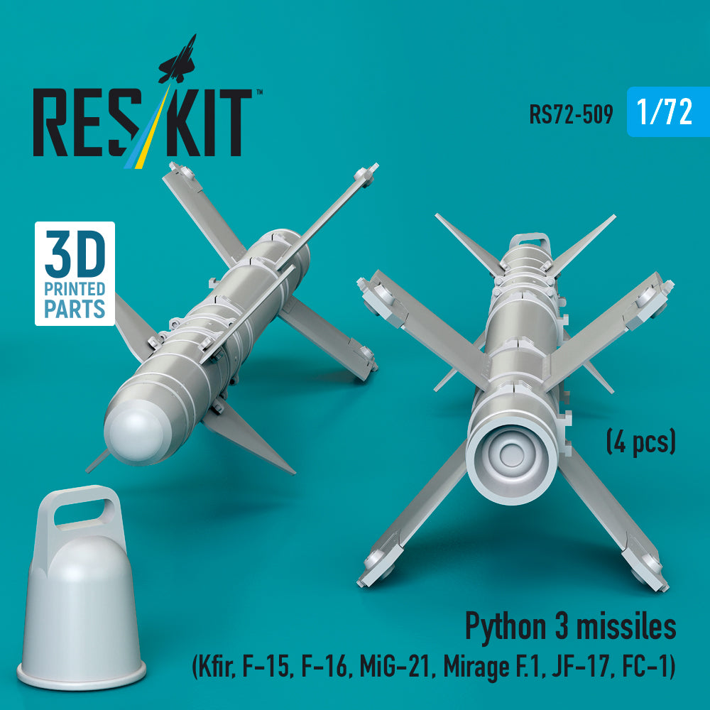 Python 3 missiles (4 pcs) (Kfir, F-15, F-16, MiG-21, Mirage F.1, JF-17, FC-1) (3D Printed) Scale 1:72 ResKit RS72-0509