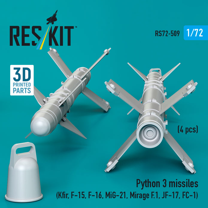 Python 3 missiles (4 pcs) (Kfir, F-15, F-16, MiG-21, Mirage F.1, JF-17, FC-1) (3D Printed) Scale 1:72 ResKit RS72-0509
