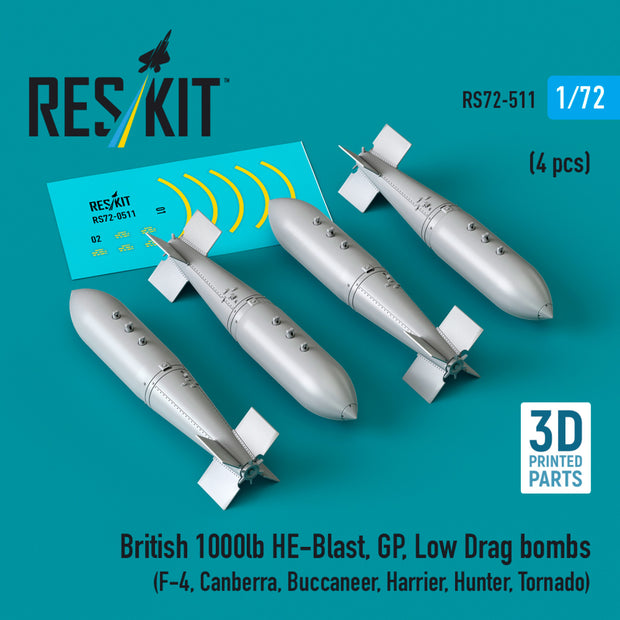 British 1000lb HE-Blast, GP, Low Drag Bombs (4 pcs) (F-4, Canberra, Buccaneer, Harrier, Hunter, Tornado) (3D printed) Scale 1:72 ResKit RS72-0511 for Aircraft Model Kit