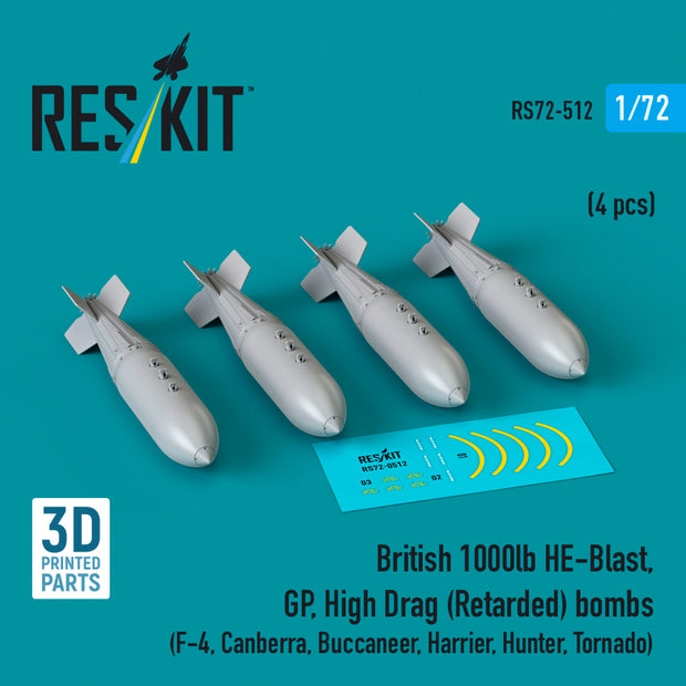 British 1000lb HE-Blast, GP, High Drag (Retarded) Bombs (4 pcs) (F-4, Canberra, Buccaneer, Harrier, Hunter, Tornado) (3D printed) Scale 1:72 ResKit RS72-0512 for Aircraft Model Kit