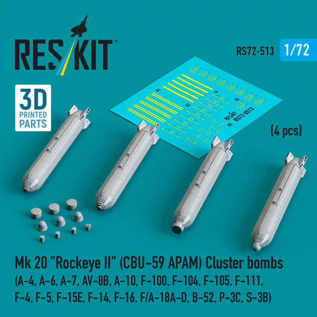 Mk 20 Rockeye II (CBU-59 APAM) Cluster Bombs (A-4, A-6, A-7, AV-8B, A-10, F-100, F-104, F-105, F-111, F-4, F-5, F-15E, F-14, F-16, F/A-18A-D, B-52, P-3C, S-3B) (4 pcs) (3D Printed) Scale 1:72 ResKit RS72-0513 for Aircraft Model Kit