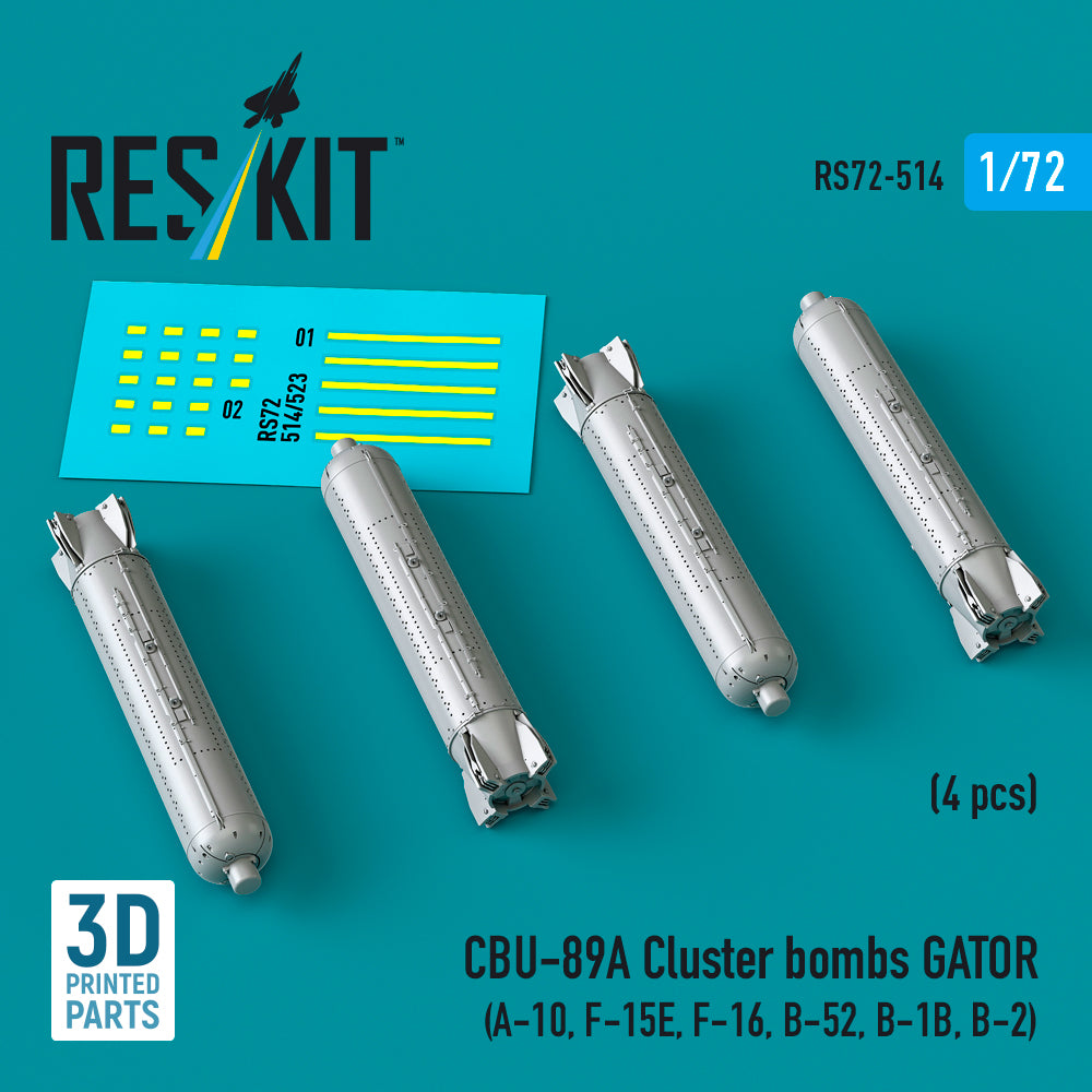 CBU-89A Cluster Bombs GATOR (4 pcs) (A-10, F-15E, F-16, B-52, B-1B, B-2) (3D Printed) Scale 1:72 ResKit RS72-0514 for Aircraft Model Kit