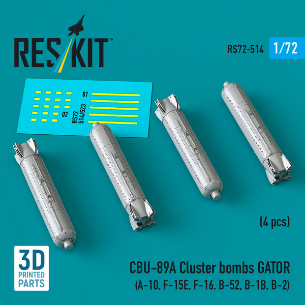 CBU-89A Cluster Bombs GATOR (4 pcs) (A-10, F-15E, F-16, B-52, B-1B, B-2) (3D Printed) Scale 1:72 ResKit RS72-0514 for Aircraft Model Kit