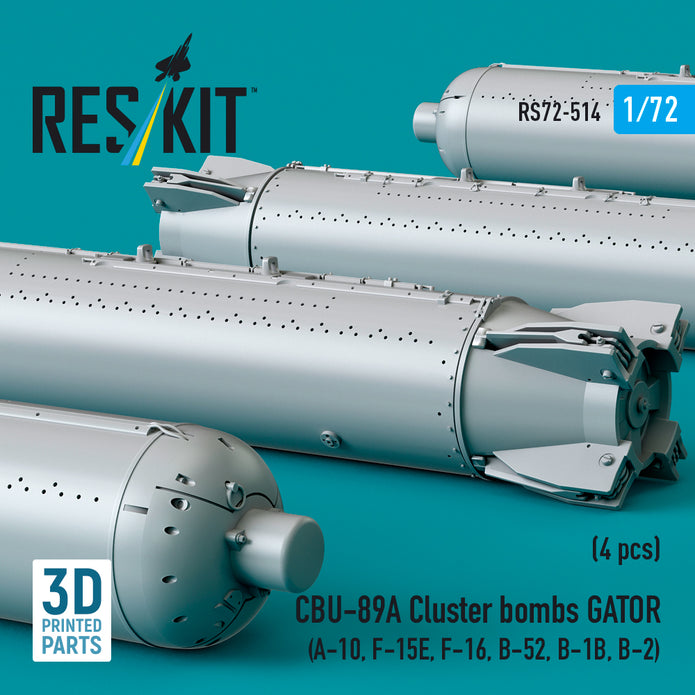 CBU-89A Cluster Bombs GATOR (4 pcs) (A-10, F-15E, F-16, B-52, B-1B, B-2) (3D Printed) Scale 1:72 ResKit RS72-0514 for Aircraft Model Kit