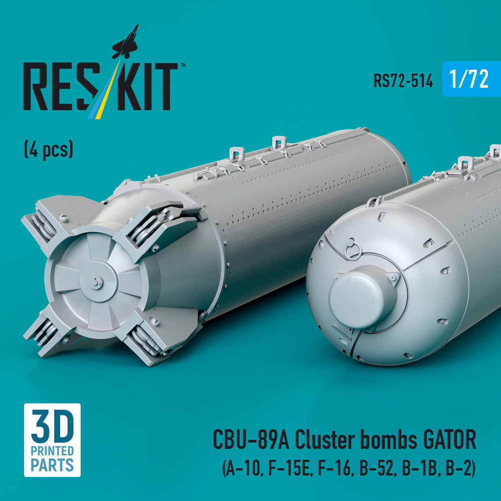 CBU-89A Cluster Bombs GATOR (4 pcs) (A-10, F-15E, F-16, B-52, B-1B, B-2) (3D Printed) Scale 1:72 ResKit RS72-0514 for Aircraft Model Kit