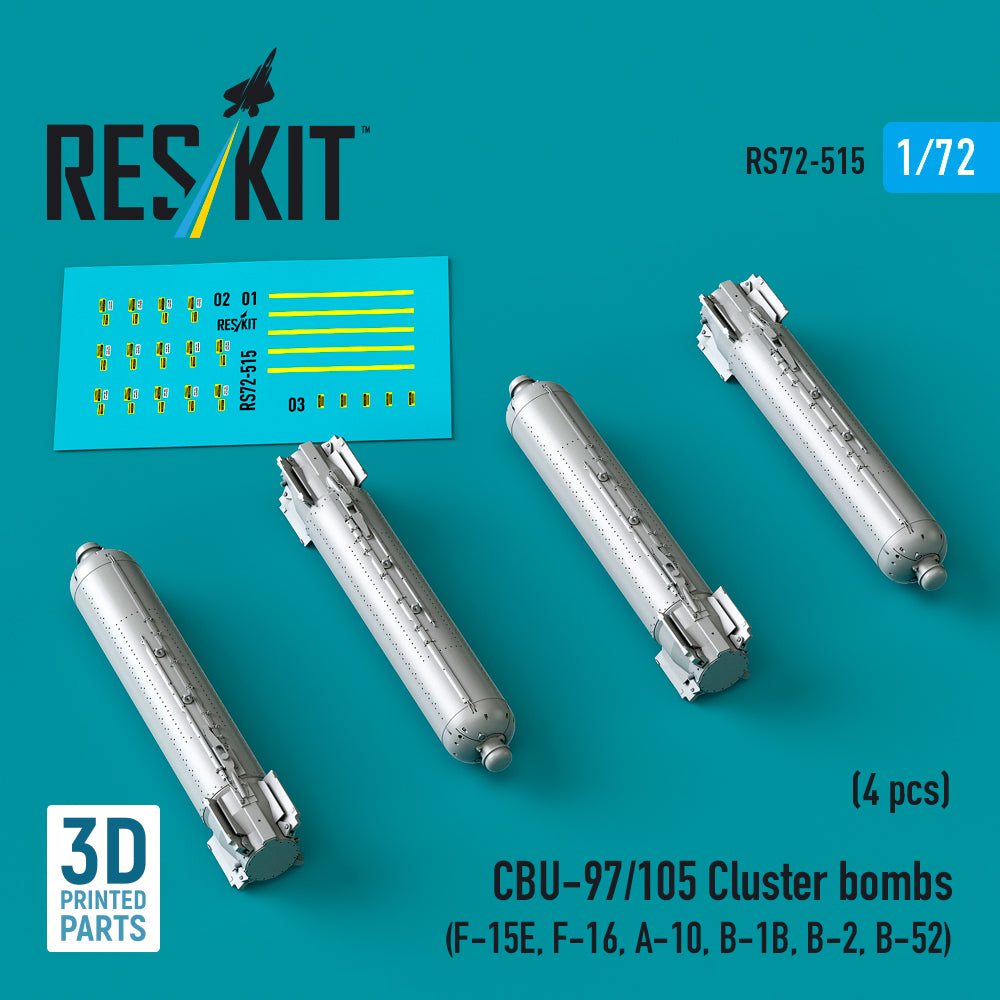 CBU-97/105 Cluster Bombs (4 pcs) (F-15E, F-16, A-10, B-1B, B-2, B-52) (3D Printed) Scale 1:72 ResKit RS72-0515 for Aircraft Model Kit