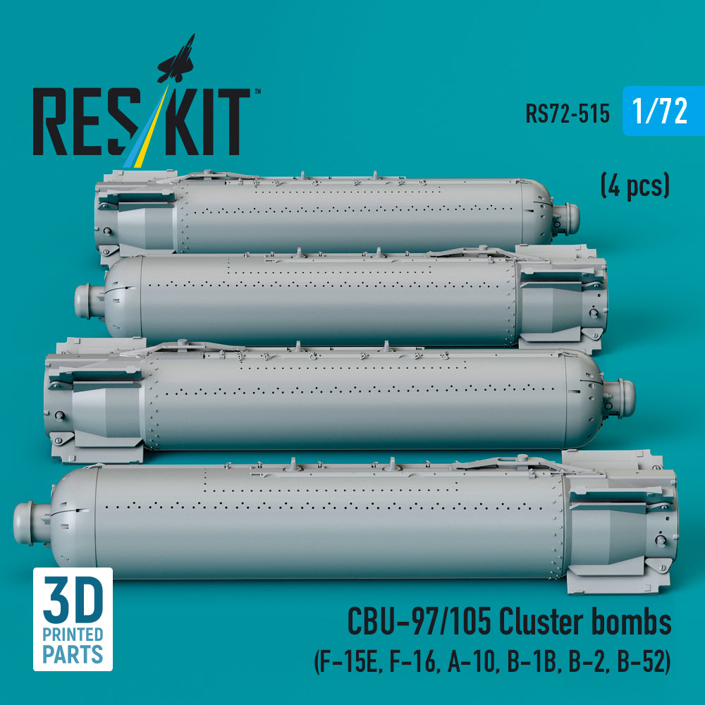 CBU-97/105 Cluster Bombs (4 pcs) (F-15E, F-16, A-10, B-1B, B-2, B-52) (3D Printed) Scale 1:72 ResKit RS72-0515 for Aircraft Model Kit