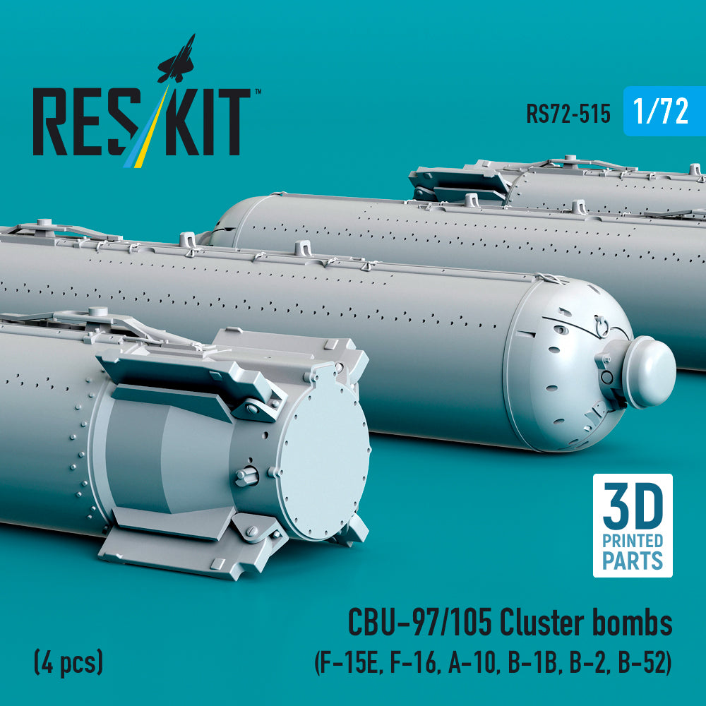 CBU-97/105 Cluster Bombs (4 pcs) (F-15E, F-16, A-10, B-1B, B-2, B-52) (3D Printed) Scale 1:72 ResKit RS72-0515 for Aircraft Model Kit