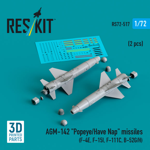 AGM-142 Popeye/Have Nap Missiles (2 pcs) (F-4E, F-15I, F-111C, B-52G/H) (3D Printed) Scale 1:72 ResKit RS72-0517 for Aircraft Model Kit