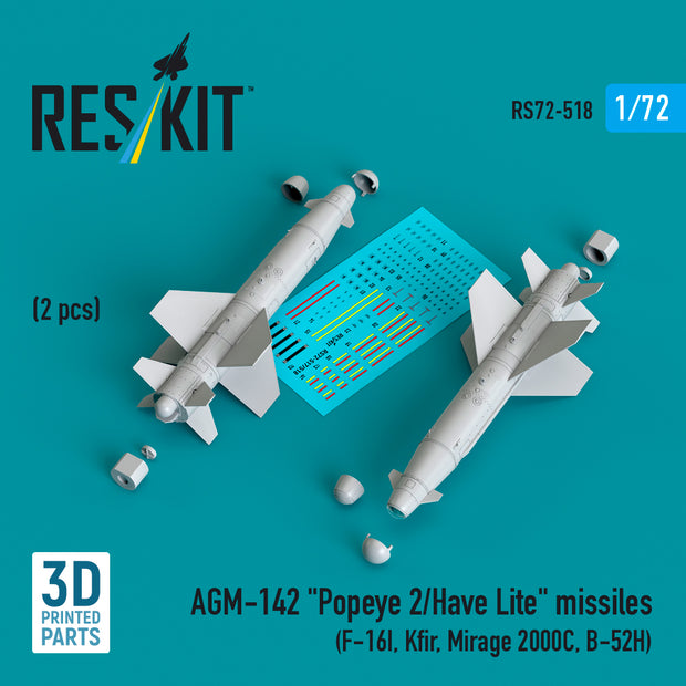 AGM-142 Popeye 2/Have Lite Missiles (2 pcs) (F-16I, Kfir, Mirage 2000C, B-52H) (3D Printed) Scale 1:72 ResKit RS72-0518 for Aircraft Model Kit