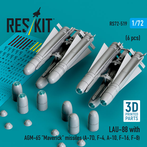 LAU-88 with (2 pcs) AGM-65 Maverick Missiles (6 pcs) (A-7D, F-4, A-10, F-16) (3D Printed) Scale 1:72 ResKit RS72-0519 for Aircraft Model Kit