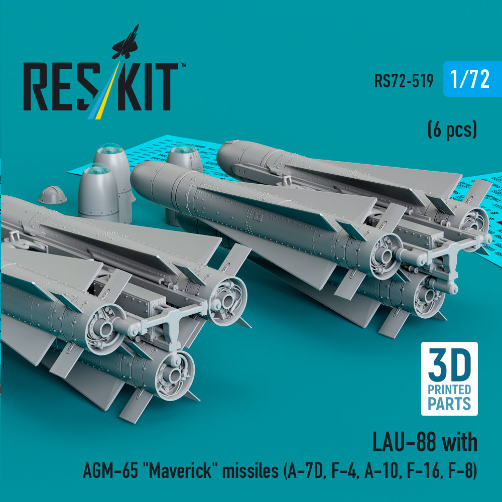 LAU-88 with (2 pcs) AGM-65 Maverick Missiles (6 pcs) (A-7D, F-4, A-10, F-16) (3D Printed) Scale 1:72 ResKit RS72-0519 for Aircraft Model Kit
