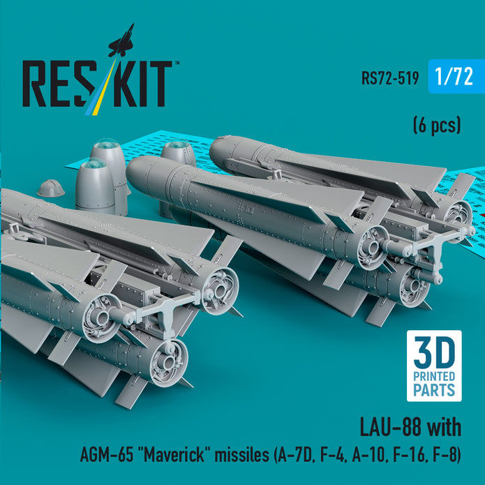 LAU-88 with (2 pcs) AGM-65 Maverick Missiles (6 pcs) (A-7D, F-4, A-10, F-16) (3D Printed) Scale 1:72 ResKit RS72-0519 for Aircraft Model Kit