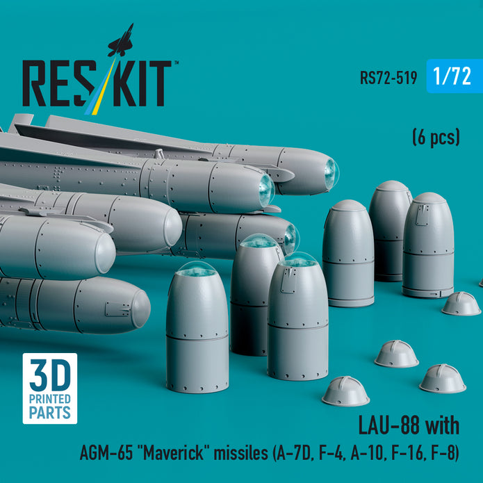 LAU-88 with (2 pcs) AGM-65 Maverick Missiles (6 pcs) (A-7D, F-4, A-10, F-16) (3D Printed) Scale 1:72 ResKit RS72-0519 for Aircraft Model Kit