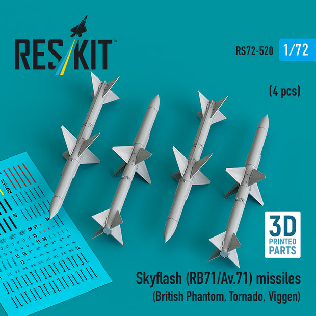 Skyflash (RB71/Av,71) Missiles (4 pcs) (British Phantom, Tornado, Viggen) (3D Printed) Scale 1:72 ResKit RS72-0520 for Aircraft Model Kit