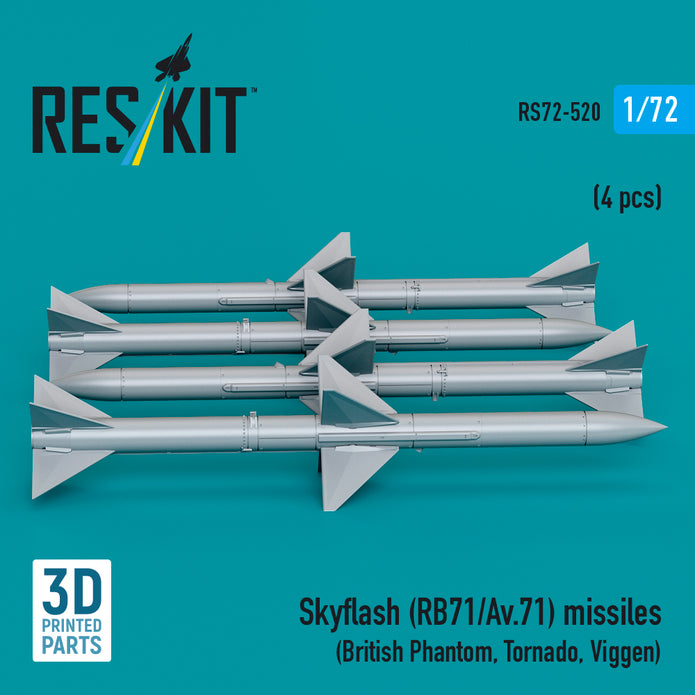 Skyflash (RB71/Av,71) Missiles (4 pcs) (British Phantom, Tornado, Viggen) (3D Printed) Scale 1:72 ResKit RS72-0520 for Aircraft Model Kit