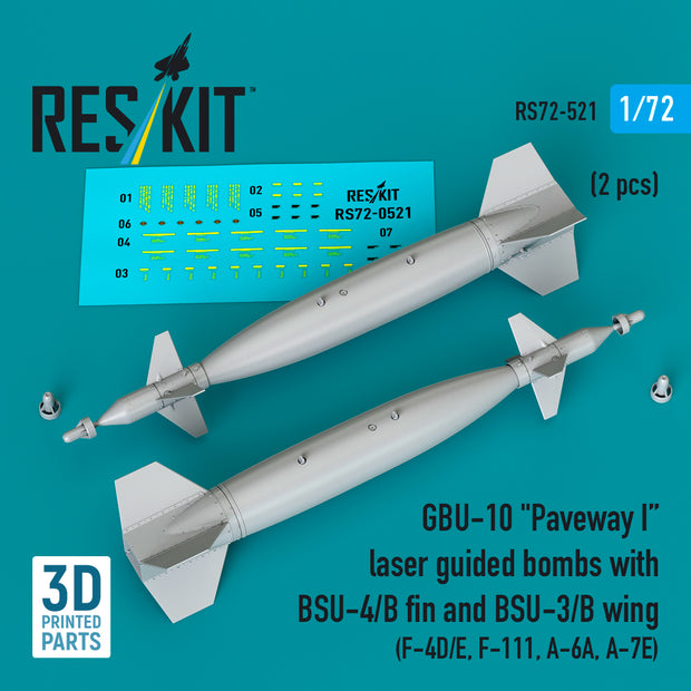 GBU-10 Paveway I laser guided bombs with BSU-4/B fin and BSU-3/B wing (2 pcs) (F-4D/E, F-111, A-6A, A-7E) (3D Printed) Scale 1:72 ResKit RS72-0521