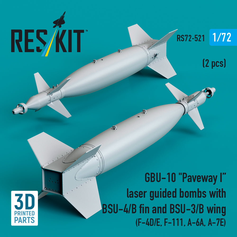 GBU-10 Paveway I laser guided bombs with BSU-4/B fin and BSU-3/B wing (2 pcs) (F-4D/E, F-111, A-6A, A-7E) (3D Printed) Scale 1:72 ResKit RS72-0521