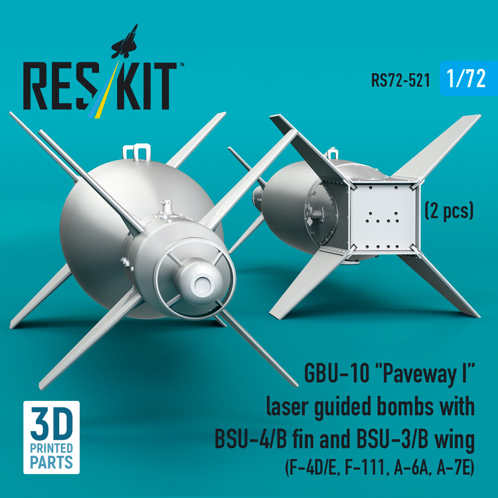 GBU-10 Paveway I laser guided bombs with BSU-4/B fin and BSU-3/B wing (2 pcs) (F-4D/E, F-111, A-6A, A-7E) (3D Printed) Scale 1:72 ResKit RS72-0521